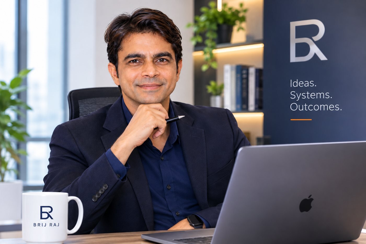 Brij Raj Singh at his desk, beside a wall reading Ideas. Systems. Outcomes.
