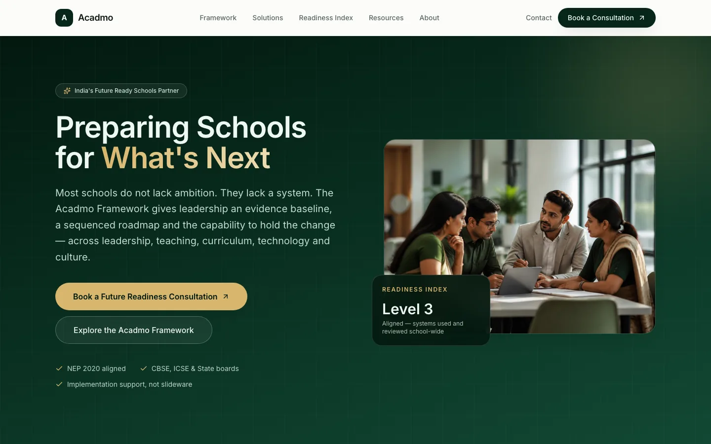 Acadmo home page introducing its school readiness framework