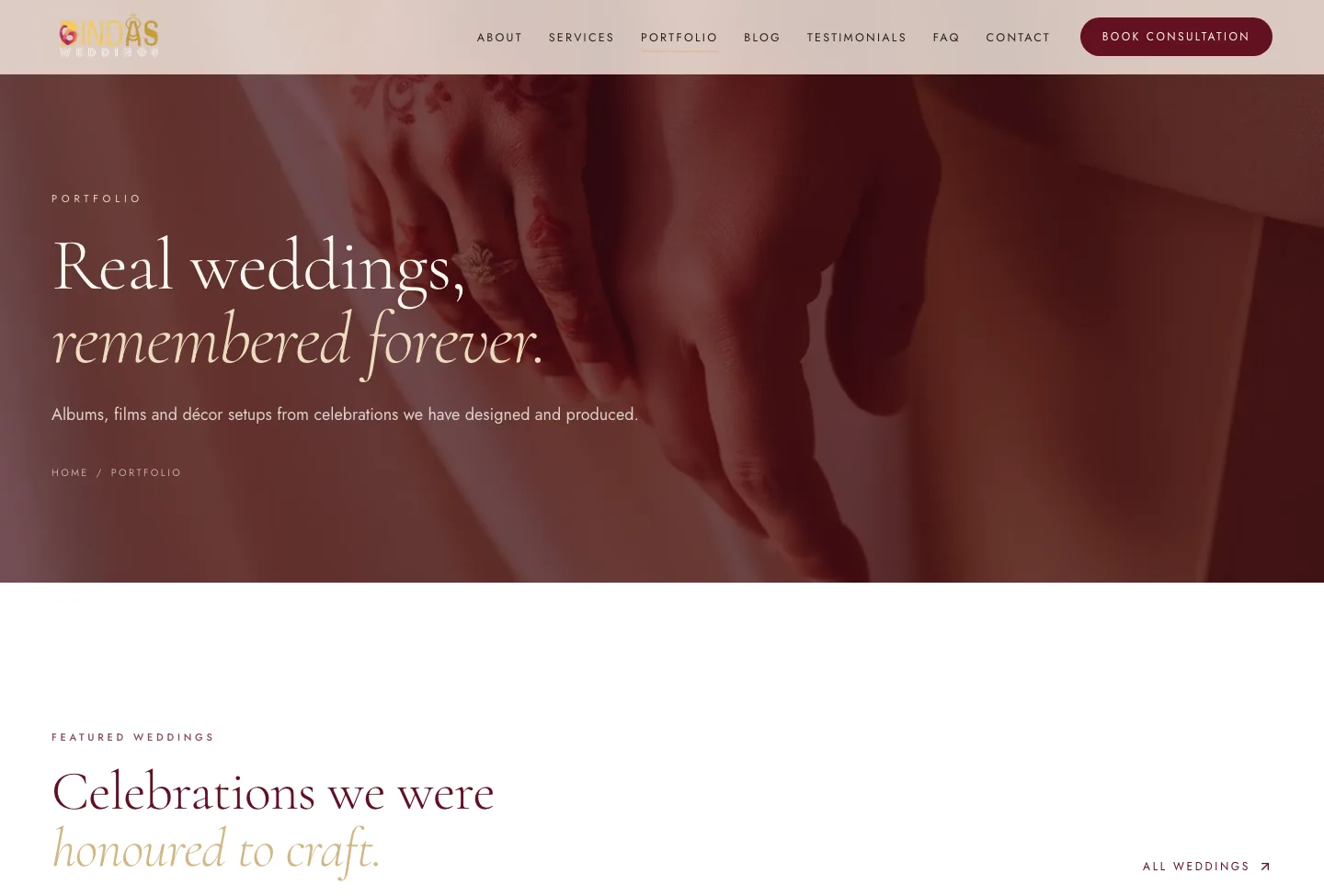 Bindas Weddings portfolio page showing featured real weddings