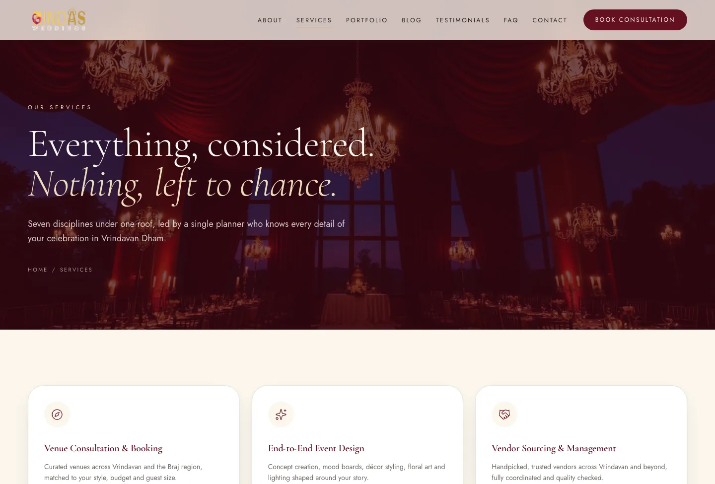Bindas Weddings services page listing venue consultation, event design and vendor management