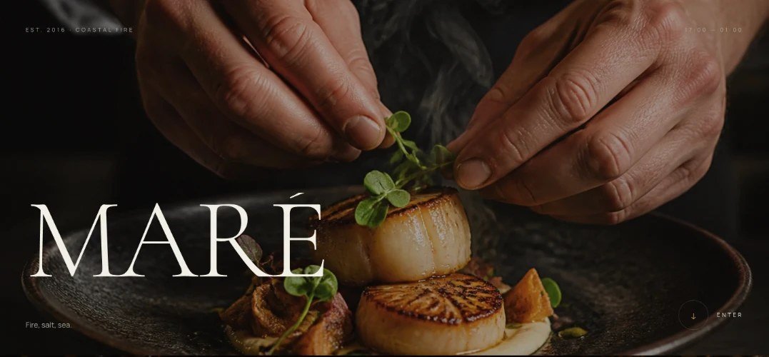 Dark, photography-led restaurant website home page
