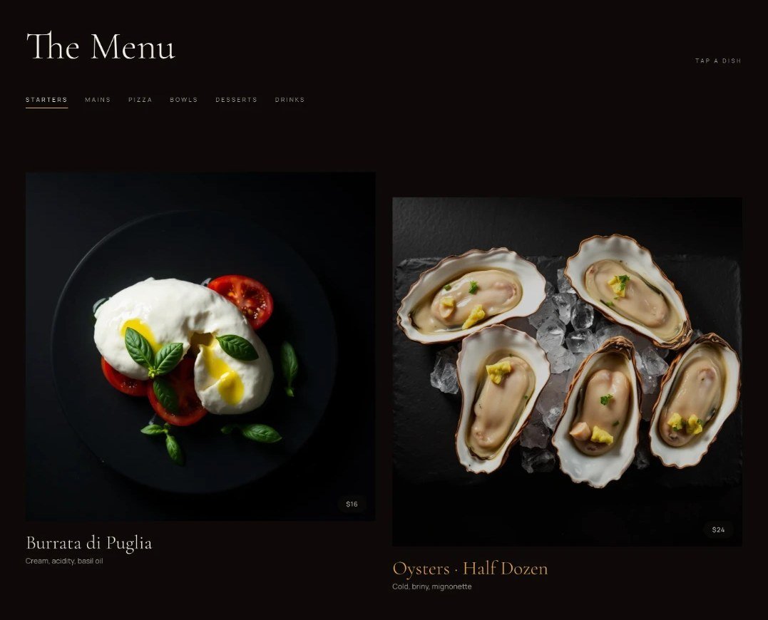 Restaurant menu page with dish photography, names and prices