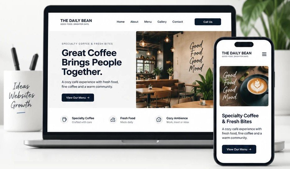 A six-page café website shown on a laptop and on a phone